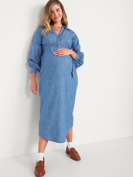 Image number 1 showing, Maternity Chambray Tie-Belt Shirt Dress