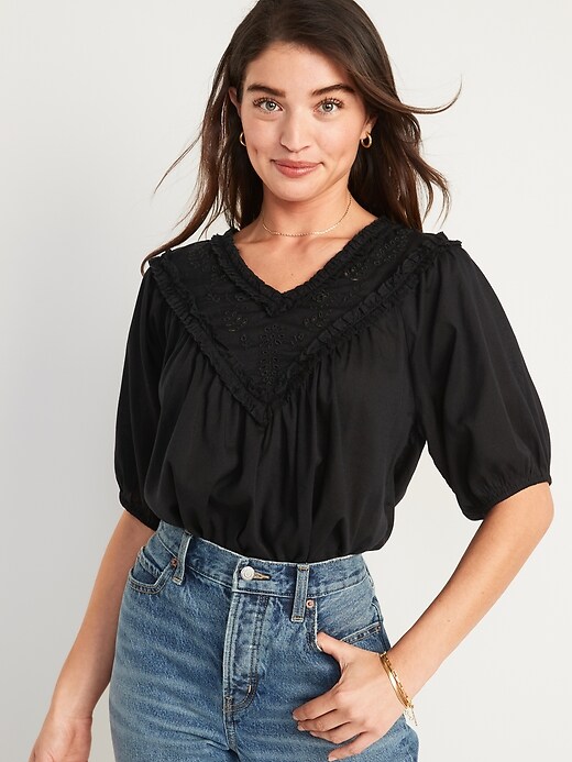 Image number 4 showing, Oversized Ruffled Cutwork Short-Sleeve Blouse for Women