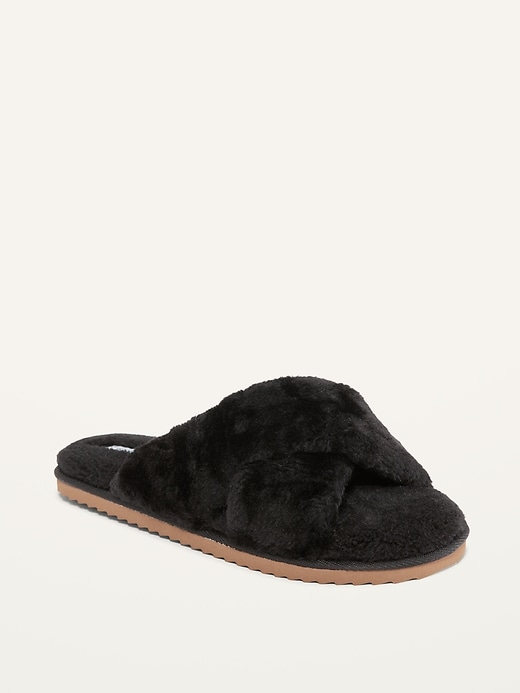 Old Navy Cozy Faux-Fur Cross-Strap Slippers for Women. 1