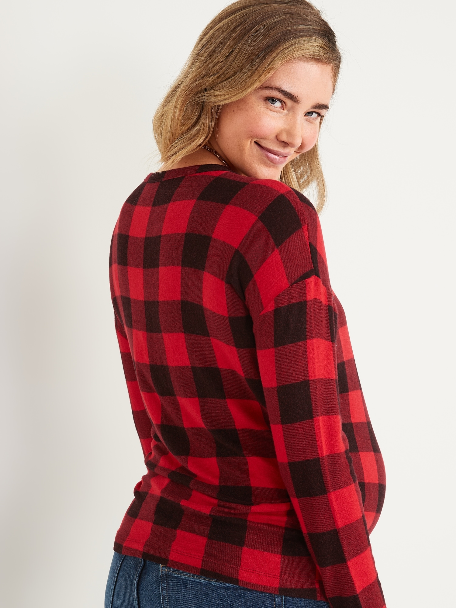 Plaid Long-Sleeve Crop Belly Maternity Top in Blue