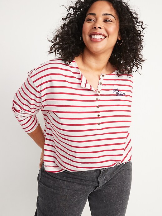 Image number 4 showing, Loose Mariner-Stripe Long-Sleeve Henley T-Shirt for Women