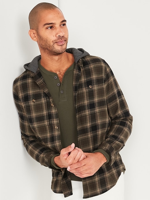 View large product image 1 of 1. 2-in-1 Plaid Flannel Shirt Hoodie