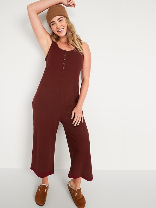 View large product image 1 of 1. Maternity Cozy Rib-Knit Henley Nursing Jumpsuit