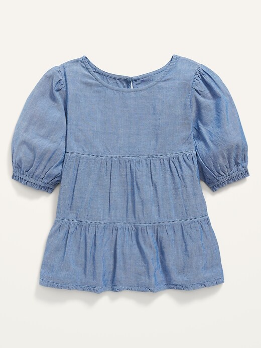 Old Navy Puff-Sleeve Tiered Babydoll Swing Blouse for Girls. 1