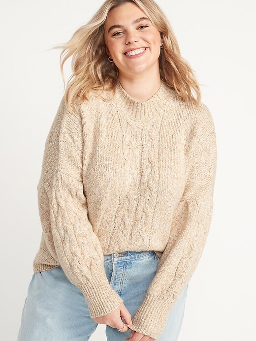 Image number 7 showing, Mock-Neck Heathered Cable-Knit Sweater for Women