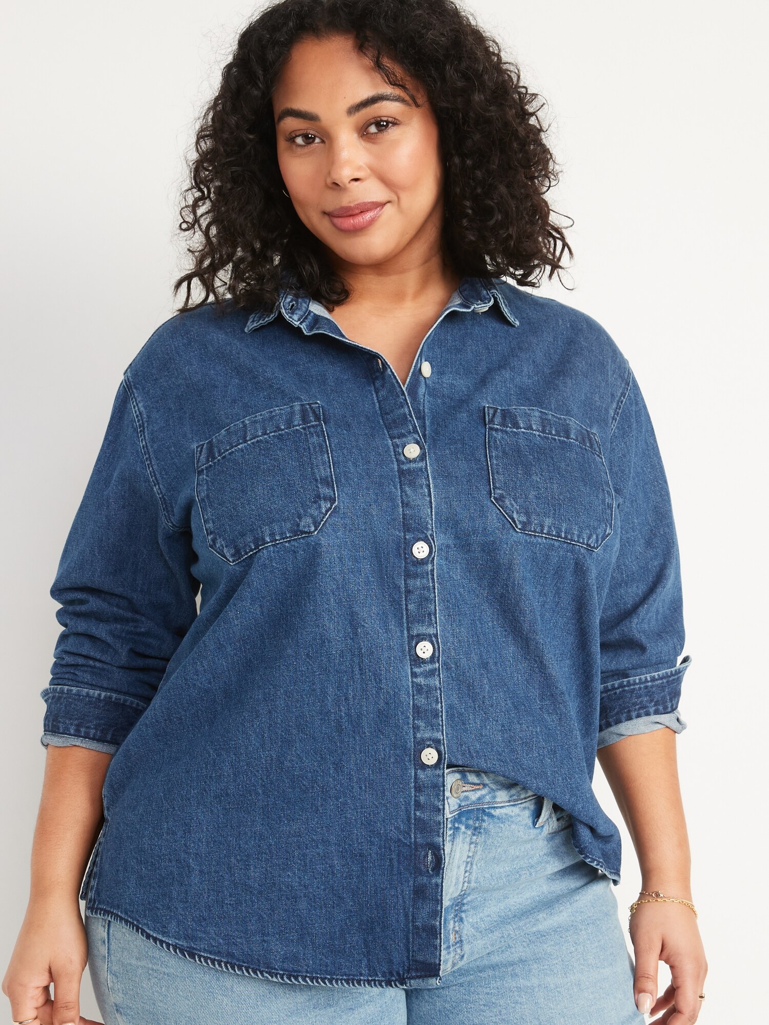 Oversized Boyfriend Medium-Wash Jean Shirt for Women | Old Navy