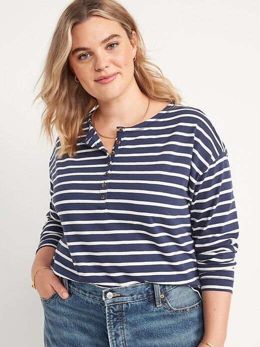 Image number 6 showing, Loose Mariner-Stripe Long-Sleeve Henley T-Shirt for Women