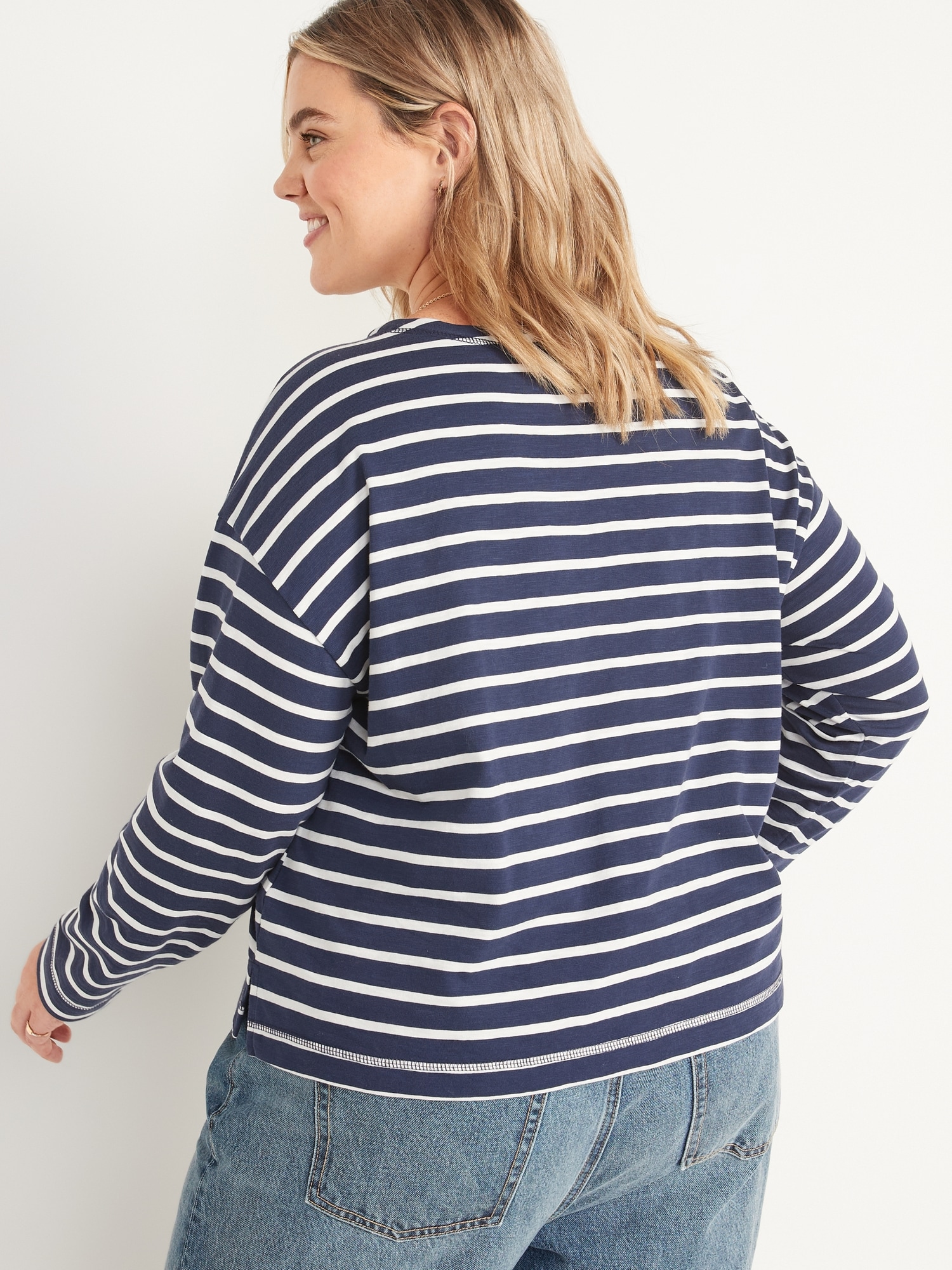 Loose Mariner-Stripe Long-Sleeve Henley T-Shirt for Women | Old Navy