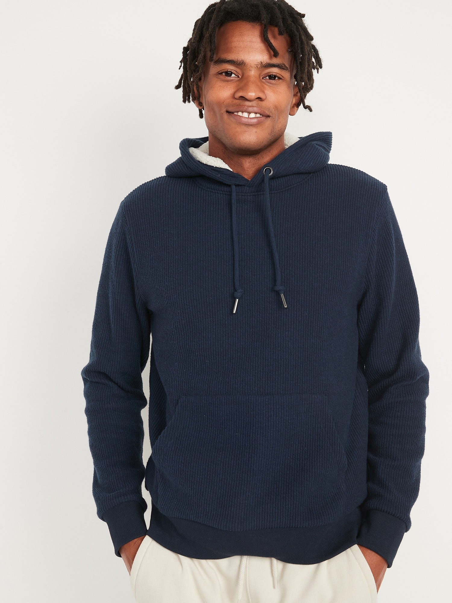 Cozy Sherpa-Lined French-Rib Pullover Hoodie