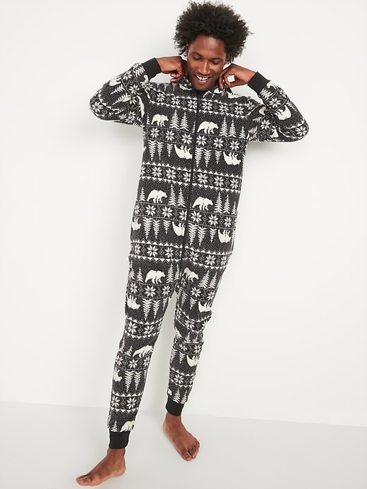 Old Navy Matching Printed Microfleece Hooded One-Piece Pajamas for Men. 1