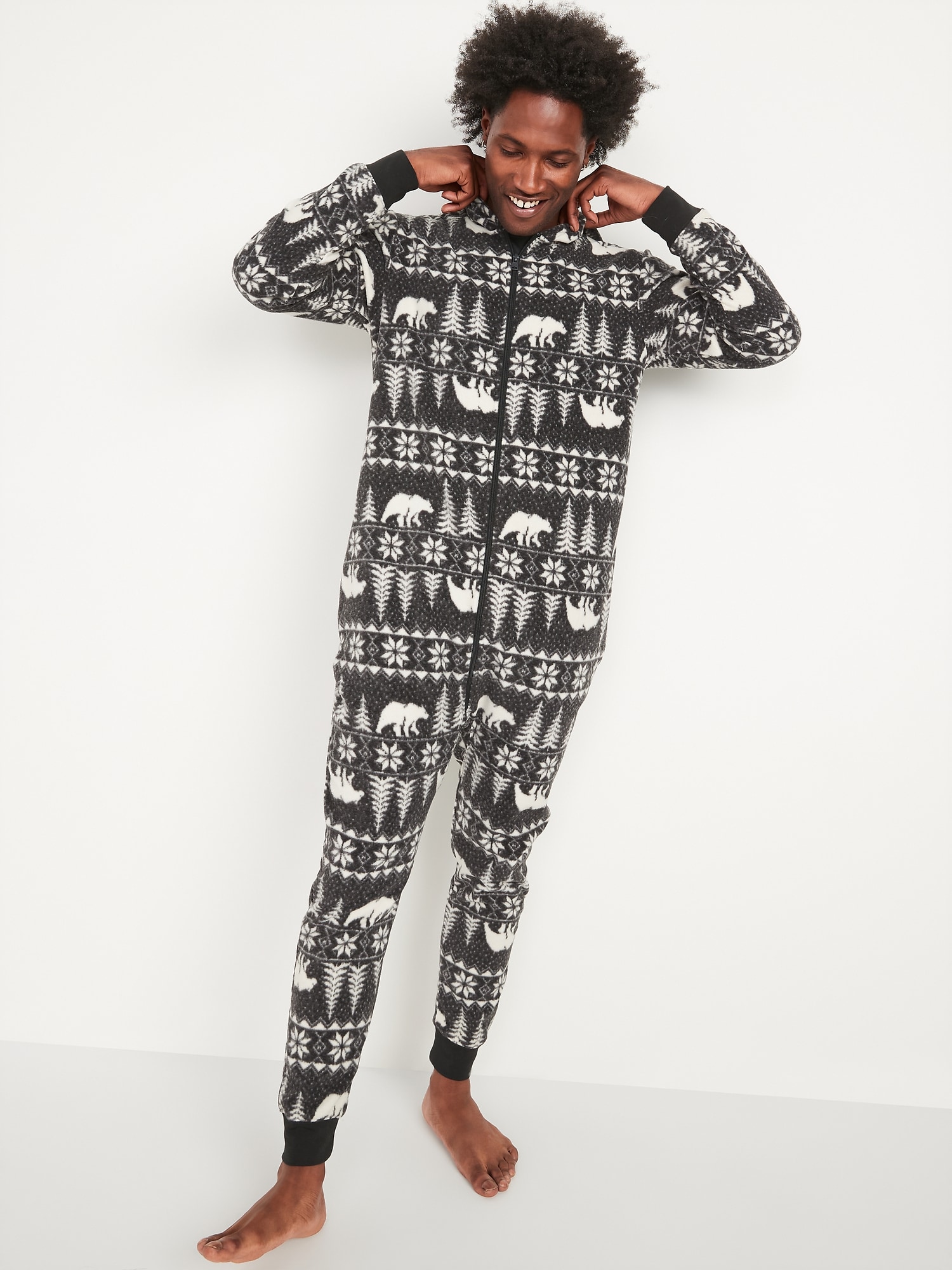 Matching Printed Microfleece Hooded One Piece Pajamas for Men