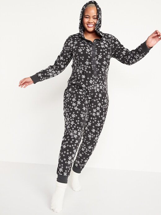 Old Navy Matching Printed Microfleece Hooded One-Piece Pajamas for Women. 1