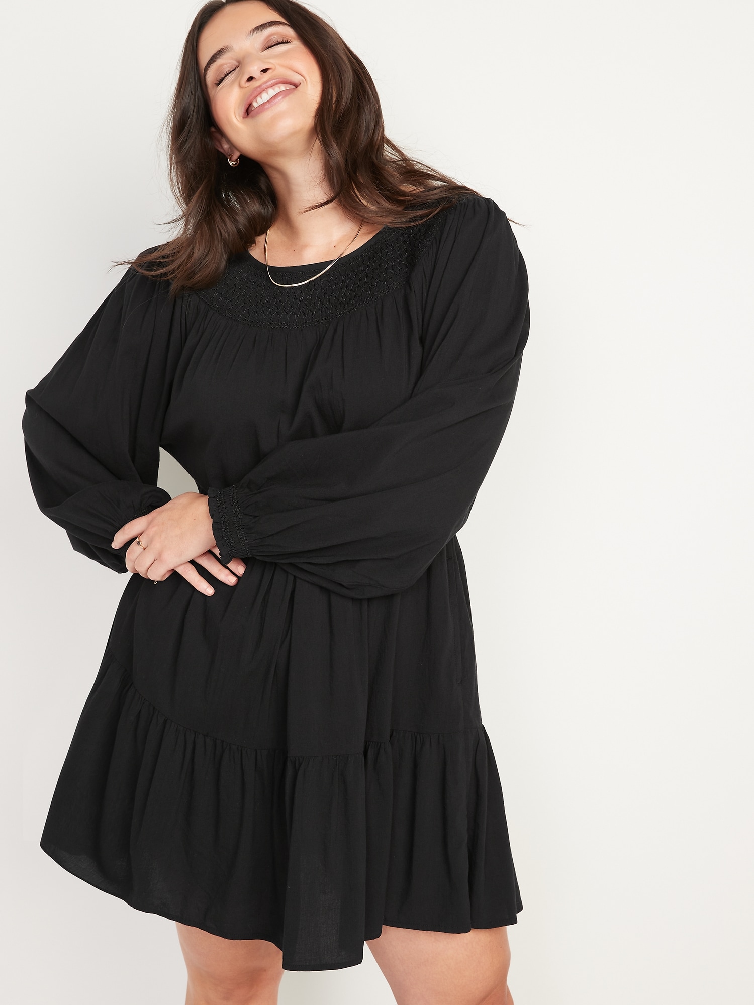 Puff sleeve split neck embroidered mini swing dress for women Clearance