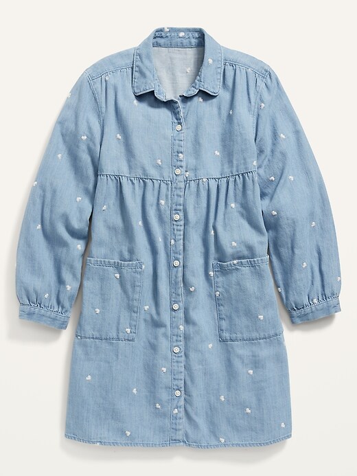 View large product image 2 of 3. Long-Sleeve Embroidered Jean Mini Shirt Dress for Girls