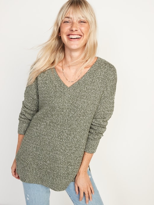 Image number 1 showing, Long-Sleeve Heathered Textured-Knit Tunic Sweater for Women