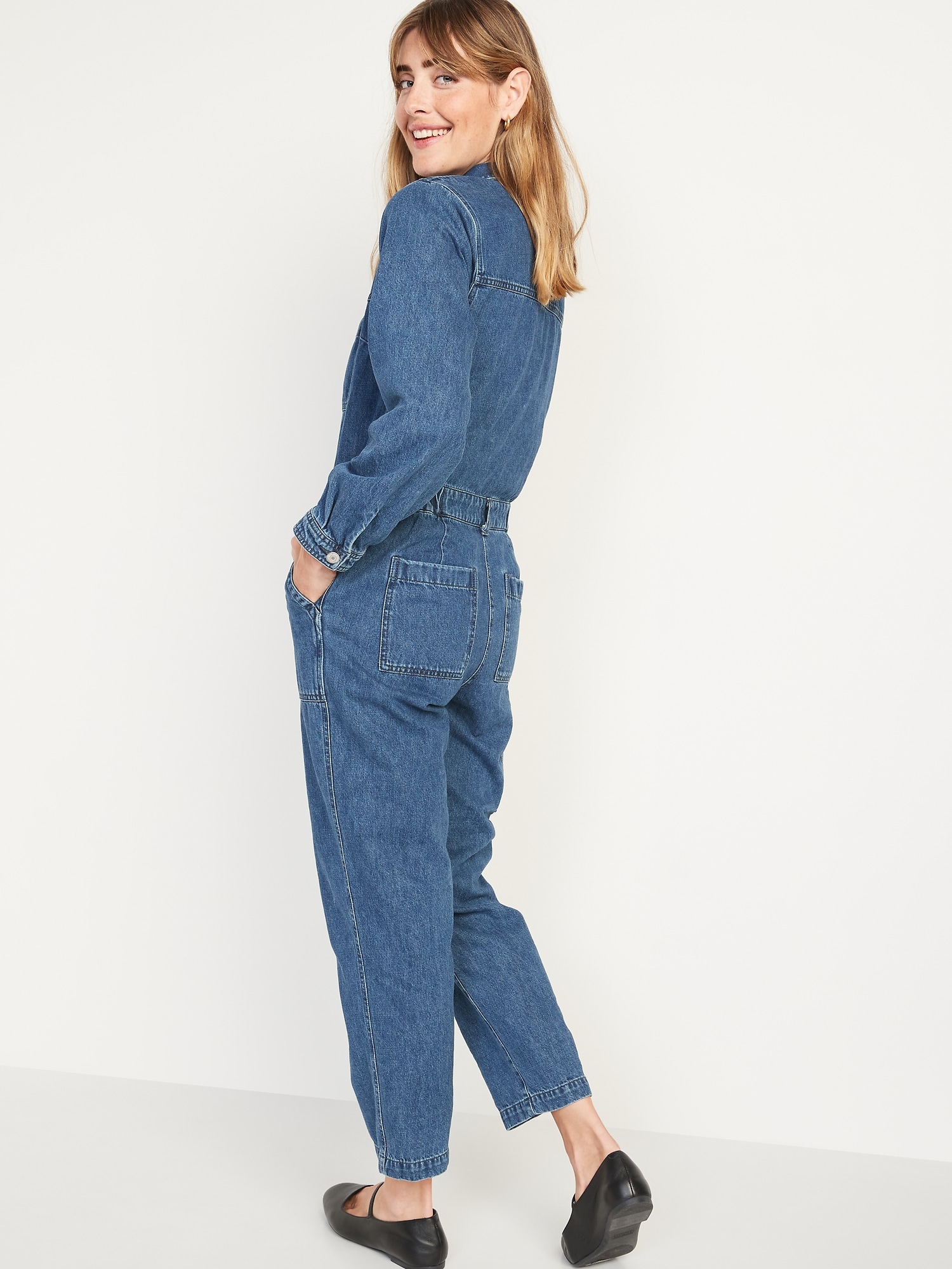 Long-Sleeve Medium-Wash Utility Jean Jumpsuit for Women