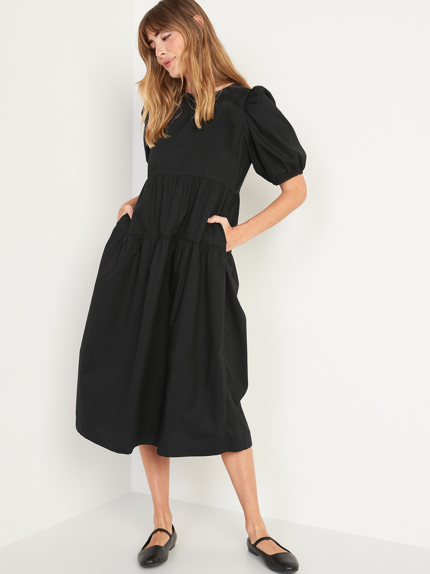 Puff-Sleeve All-Day Midi Swing Dress for Women | Old Navy