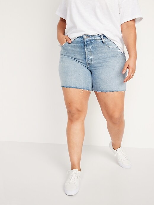 Image number 7 showing, High-Waisted Button-Fly OG Straight Ripped Cut-Off Jean Shorts for Women -- 5-inch inseam