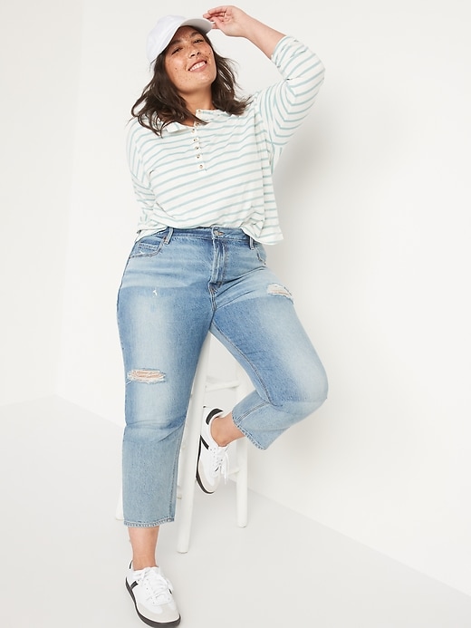 Image number 3 showing, High-Waisted Slouchy Straight Cropped Ripped Non-Stretch Jeans for Women