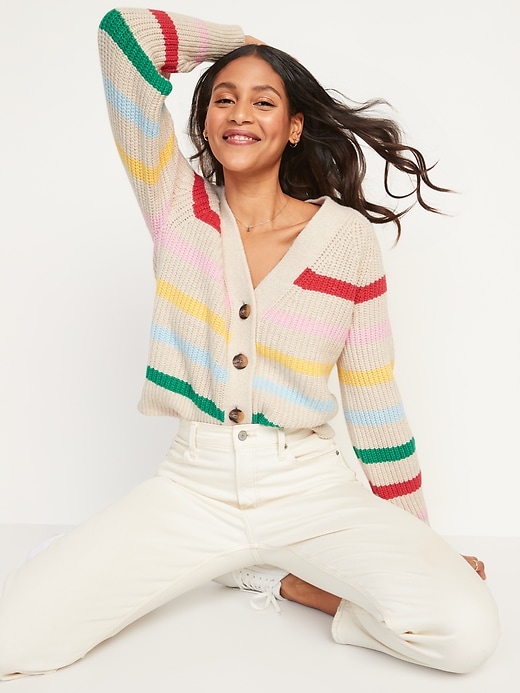 Image number 3 showing, Brushed Striped Shaker-Stitch Cardigan Sweater for Women