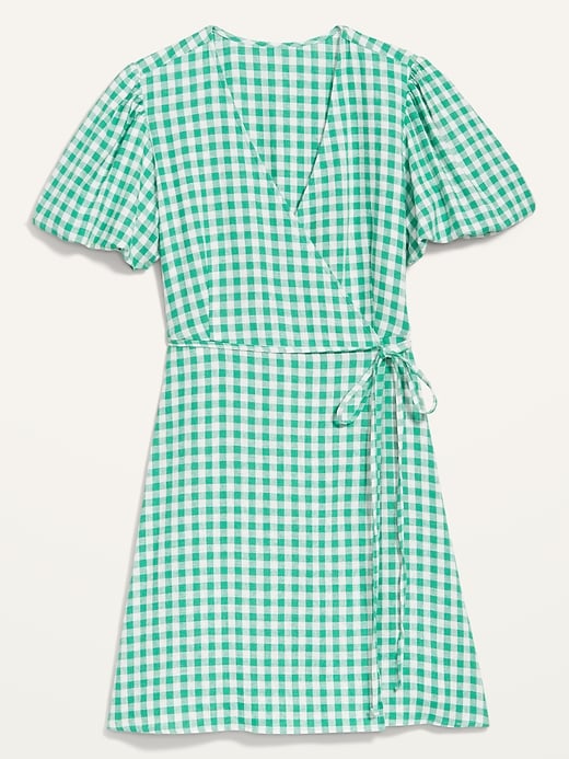 Image number 4 showing, Waist-Defined Puff-Sleeve Gingham Mini Wrap Dress