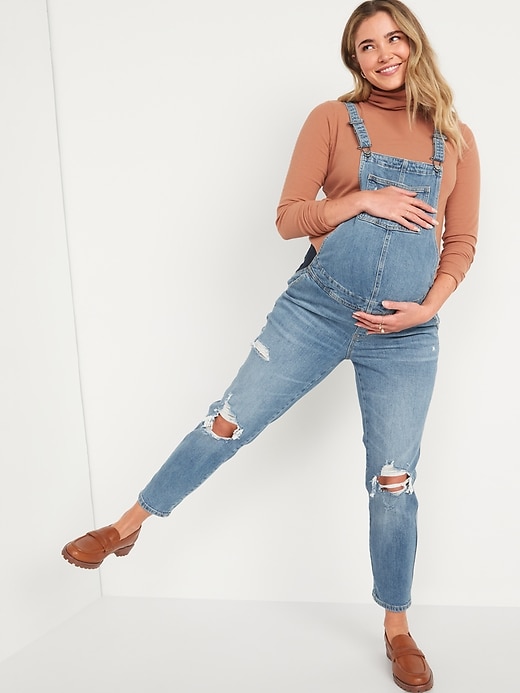 Old Navy Maternity Side-Panel O.G. Straight Ripped Jean Overalls. 1