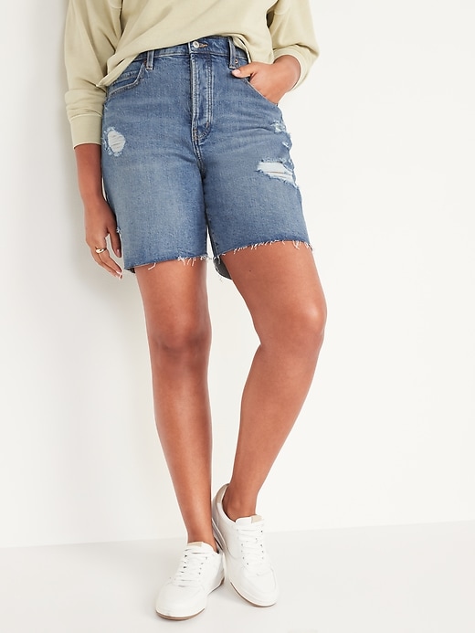 Image number 1 showing, Extra High-Waisted Sky Hi Button-Fly Ripped Jean Shorts for Women -- 7-inch inseam