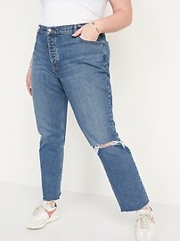 High-Waisted Button-Fly Slouchy Straight Medium-Wash Ripped Jeans for Women