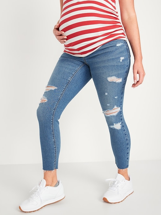 Image number 1 showing, Maternity Premium Full Panel Rockstar Super Skinny Ripped Cut-Off Jeans