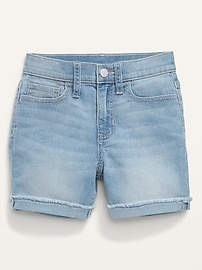 View large product image 3 of 3. High-Waisted Button-Fly Ripped Jean Midi Shorts for Girls
