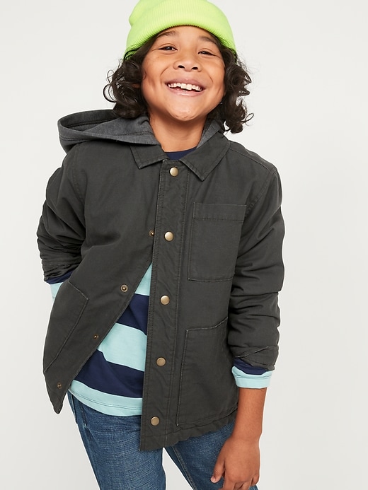 View large product image 1 of 2. Fleece-Hood Canvas Utility Jacket For Boys