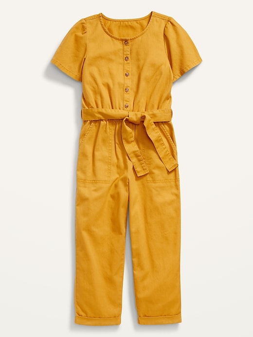 View large product image 1 of 1. Twill Tie-Belt Utility Jumpsuit for Girls