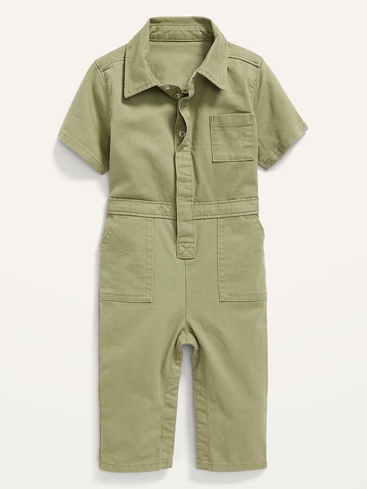 View large product image 1 of 2. Unisex Twill Short-Sleeve Jumpsuit for Baby