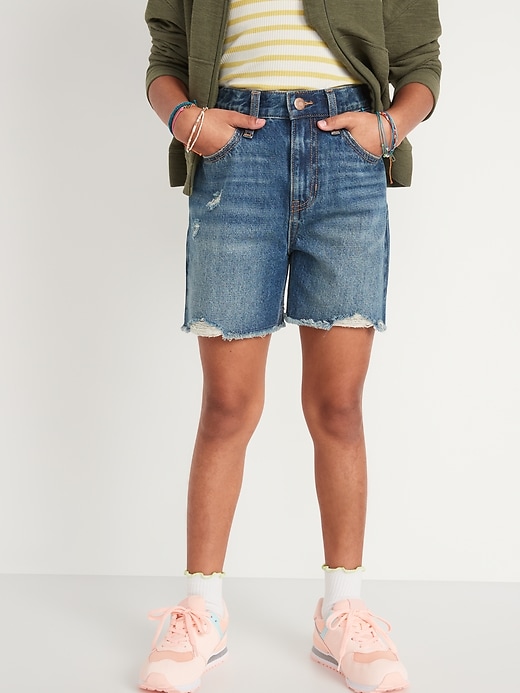 View large product image 1 of 2. High-Waisted Slouchy Straight Frayed-Hem Jean Midi Shorts for Girls