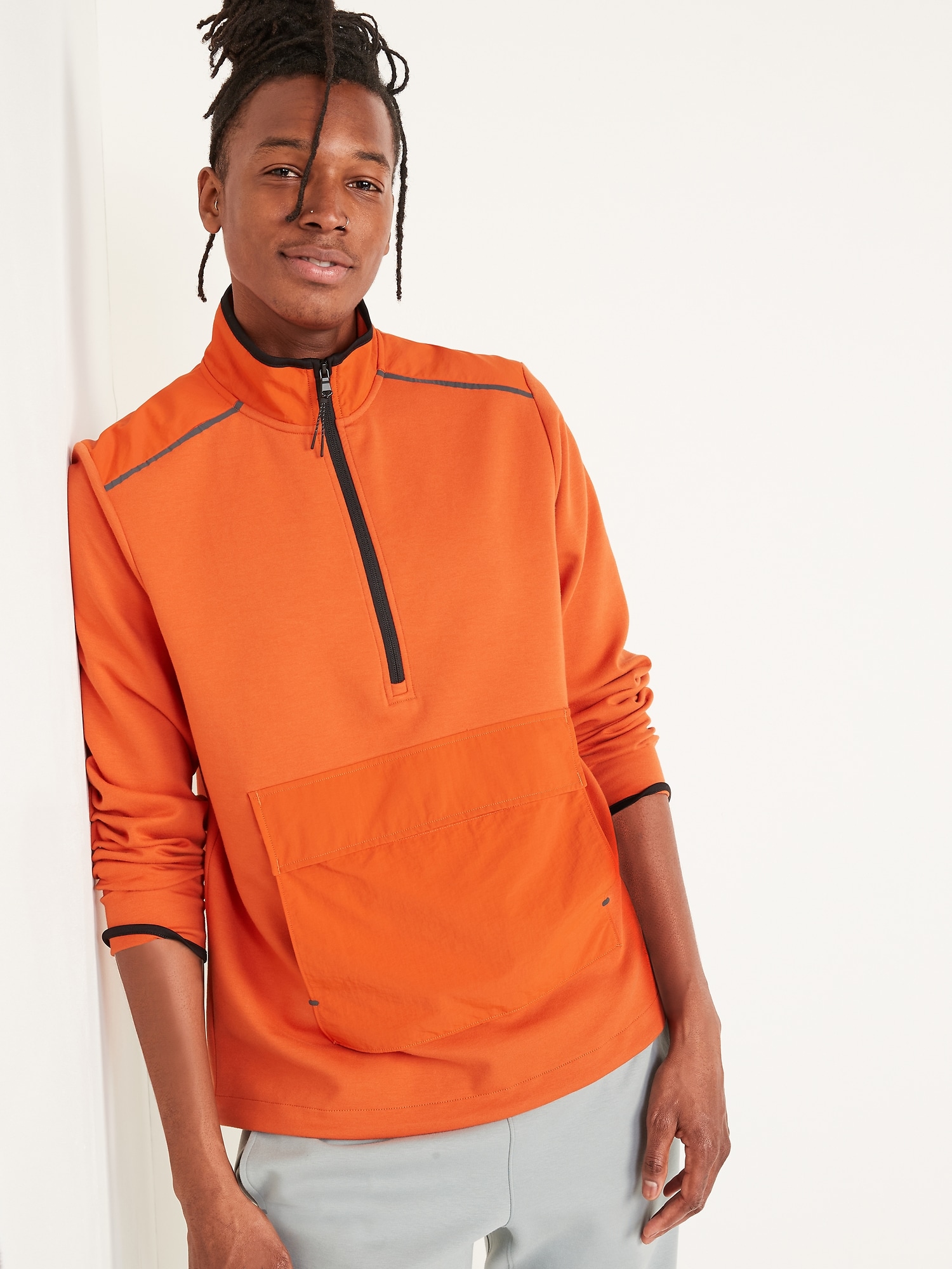 Old Navy Dynamic Fleece Hybrid Half-Zip Mock-Neck Sweatshirt for Men orange. 1