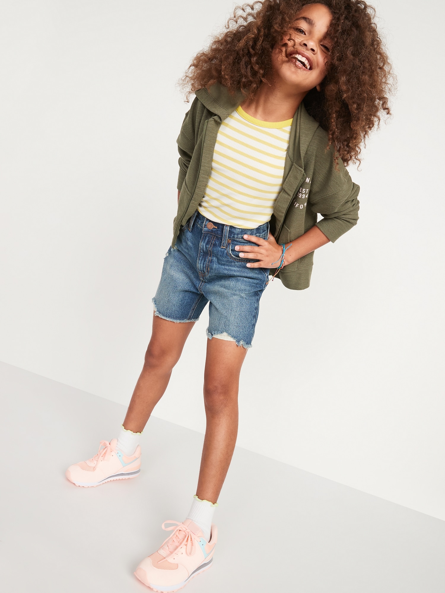 High-Waisted Slouchy Straight Frayed-Hem Jean Midi Shorts for Girls | Old  Navy
