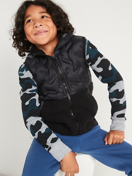 View large product image 1 of 3. Hooded Puffer/Sherpa Hybrid Zip Vest for Boys