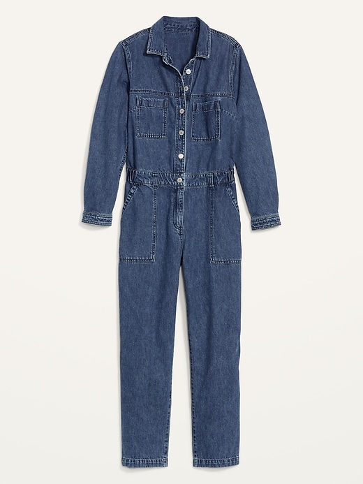 Image number 4 showing, Long-Sleeve Medium-Wash Utility Jean Jumpsuit