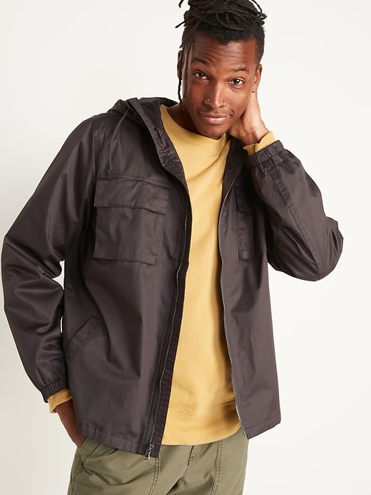 Hooded Twill Utility Zip Jacket for Men
