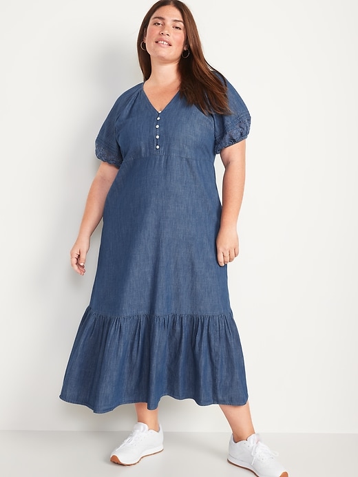 Image number 7 showing, Chambray Puff-Sleeve All-Day Maxi Swing Dress