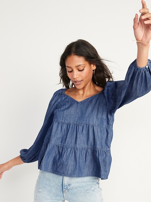 Image number 3 showing, Tiered Swing Long-Sleeve Jean Top