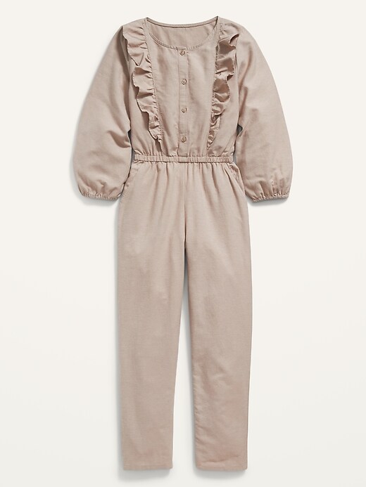 View large product image 2 of 3. Ruffled Long-Sleeve Button-Front Jumpsuit for Girls