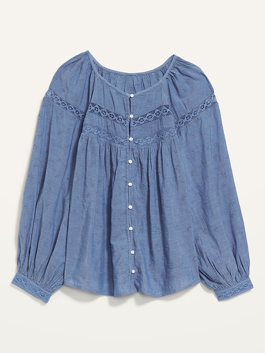Image number 4 showing, Long-Sleeve Lace-Trimmed Embroidered Chambray Blouse