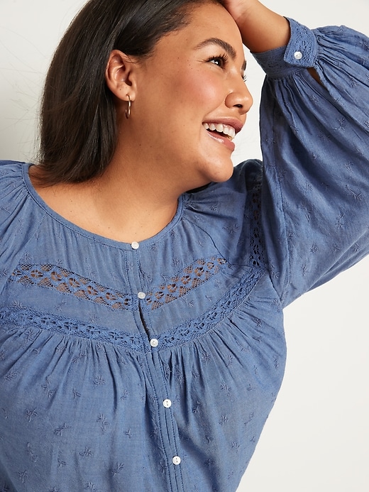 Image number 3 showing, Long-Sleeve Lace-Trimmed Embroidered Chambray Blouse