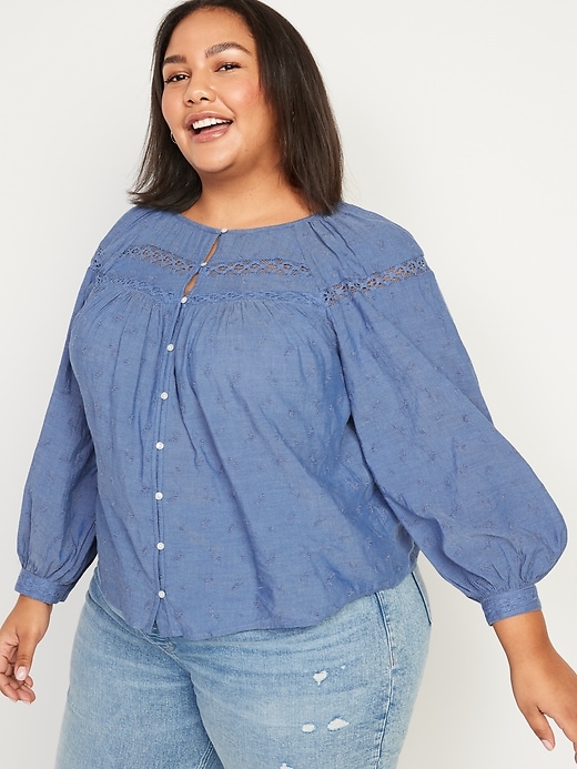 Image number 7 showing, Long-Sleeve Lace-Trimmed Embroidered Chambray Blouse