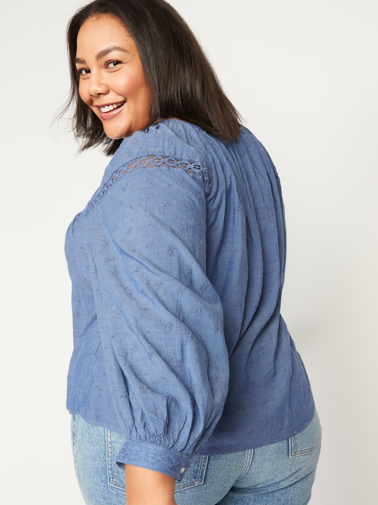 Long-Sleeve Lace-Trimmed Embroidered Chambray Blouse for Women | Old Navy
