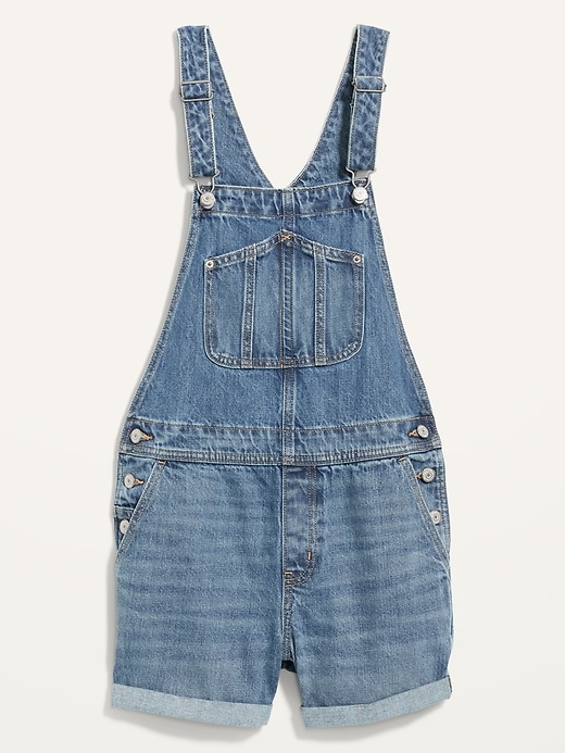 Image number 4 showing, Slouchy Straight Workwear Medium-Wash Non-Stretch Jean Short Overalls for Women -- 3.5-inch inseam