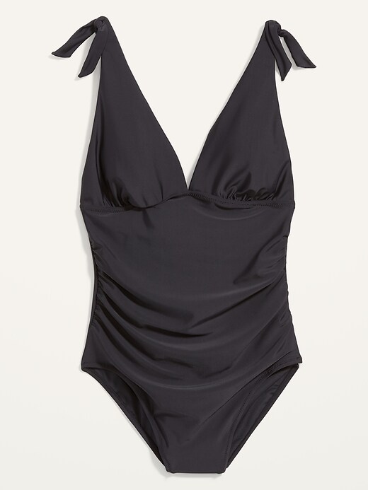 Image number 4 showing, Tie-Shoulder Ruched Plunge One-Piece Swimsuit