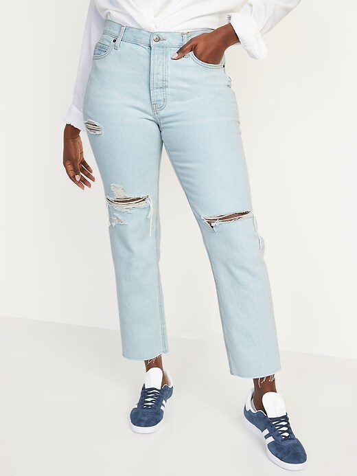 HighWaisted ButtonFly Slouchy Straight Ripped Cropped NonStretch