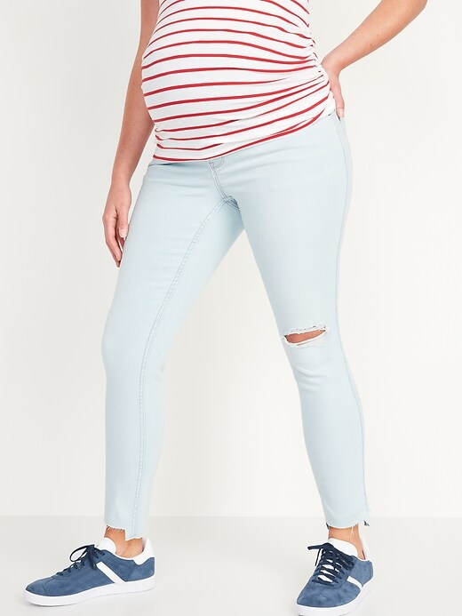 Image number 1 showing, Maternity Rollover-Panel Skinny 360° Stretch Cut-Off Jeans